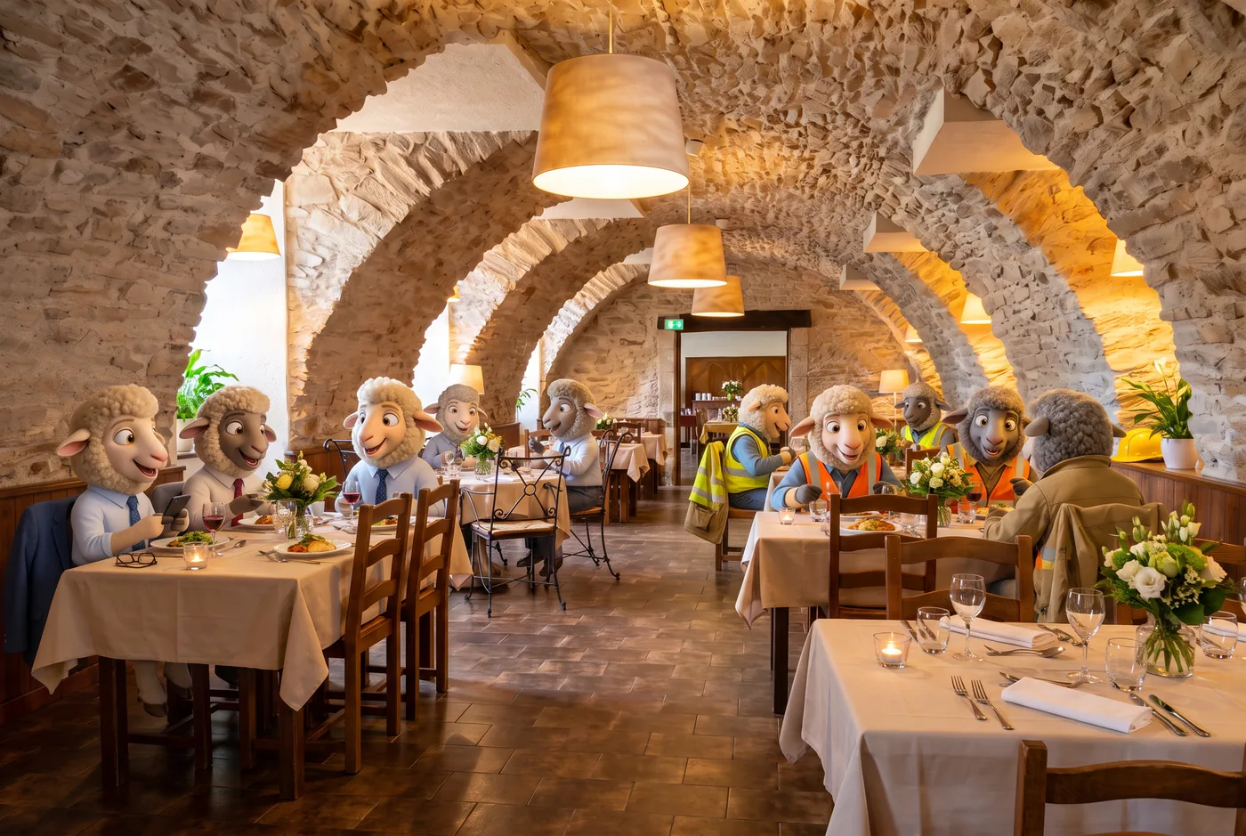 Dîner de la soirée étape dans la salle voûtée en pierres de l'Hôtel La Planquette