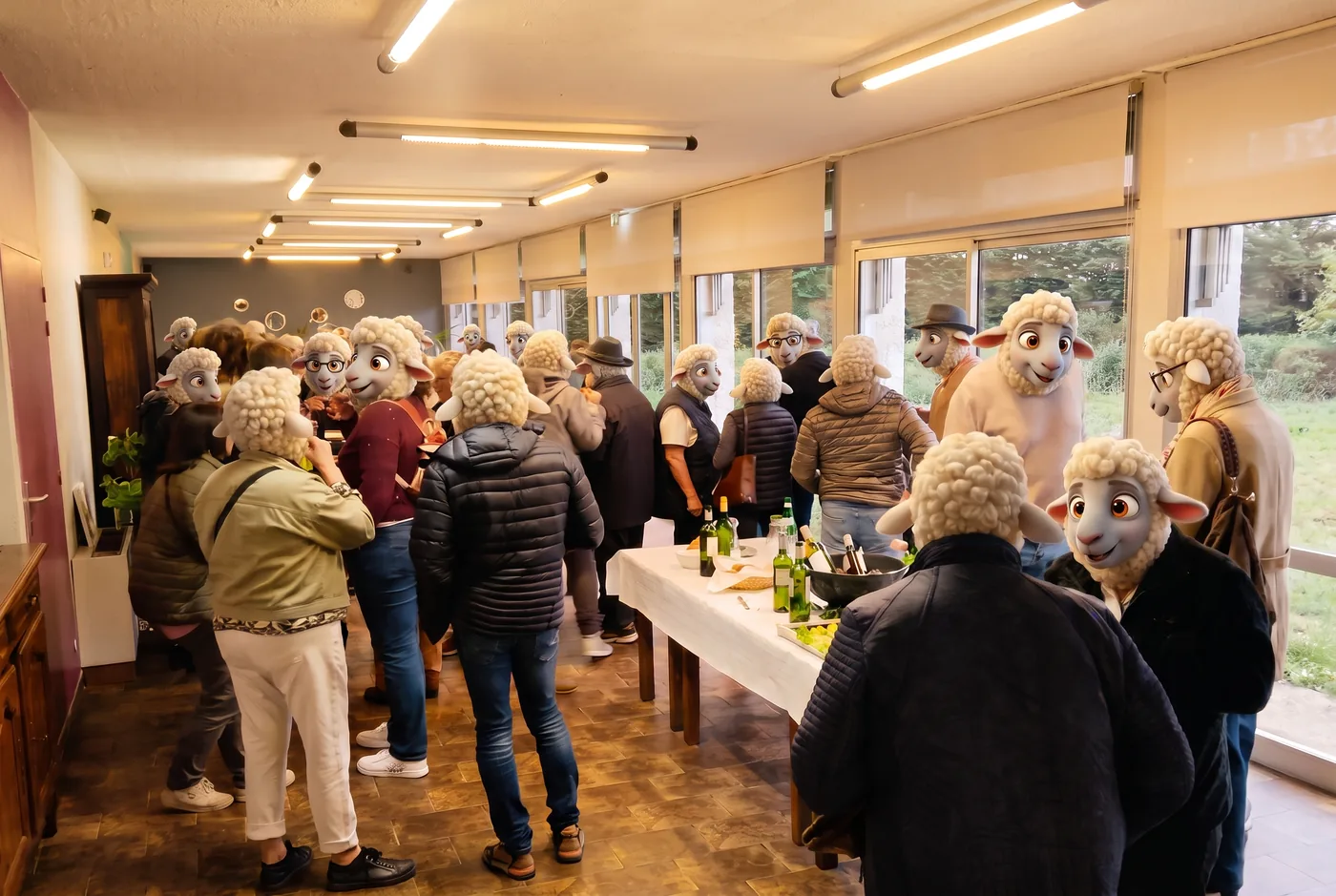 Apéritif de groupe dans la salle de réception de l'Hôtel La Planquette