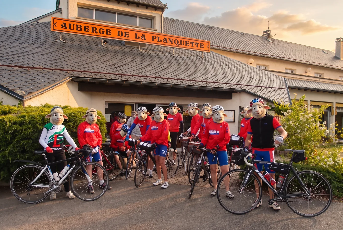 Club cycliste au départ devant l'Auberge de la Planquette à Réquista